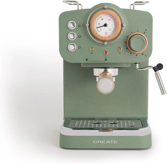 Cafetera CREATE / THERA RETRO/Cafetera Express Semiautomática verde sage mate y madera / 20 bares, brazo doble salida, depósito 1,25L, gris