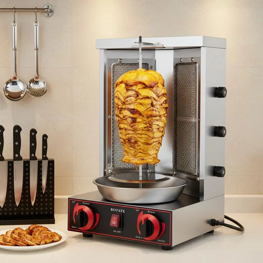 Barbacoa SanBouSi Dönergrill, acero inoxidable, döner, máquina de kebab, dönergrill, parrilla de mesa, barbacoa, parrilla, döner vertical, amarillo
