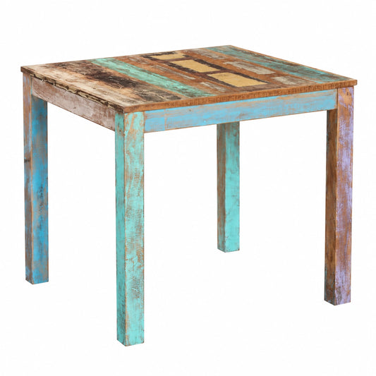 Tavolo da Pranzo Vintage in Legno Riciclato, 80x82x76 cm, Finitura Lucida e Dettagli Dipinti