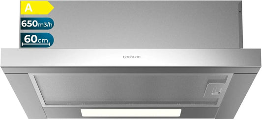 Campana extractora Cecotec Telescópica 60 cm Bolero Flux TLM 606500 Inox A. Motor 165W, Potencia Succión 650m3/h, Control Mecánico, plata