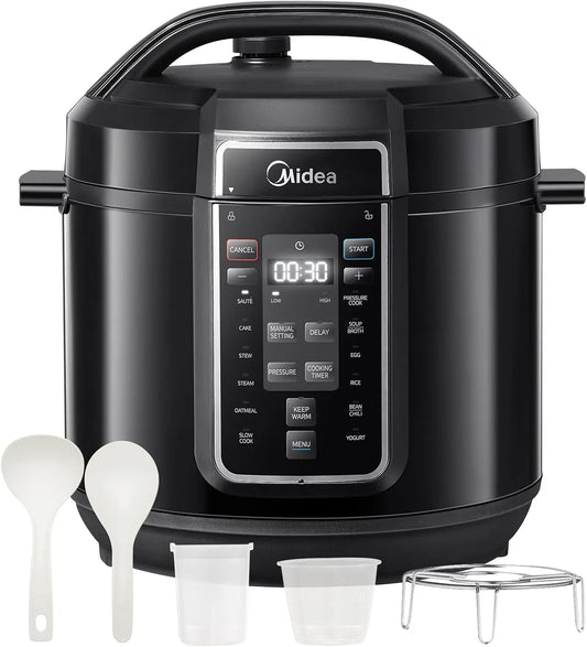 Olla eléctrica Midea Instantánea 9 en 1, 12 Preajustes, Yogurtera, Arrocera, Cocción Lenta, Salteado al Vapor, 8 Cuartos de Galón, negro