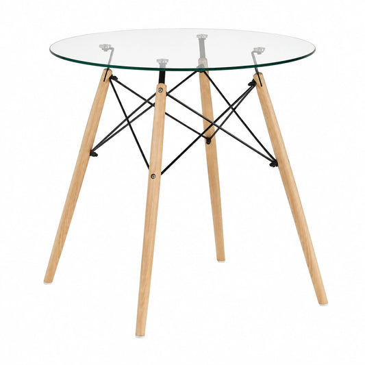 Tavolo Rotondo in Vetro con Gambe in Faggio 80x75 cm, Stile Scandinavo