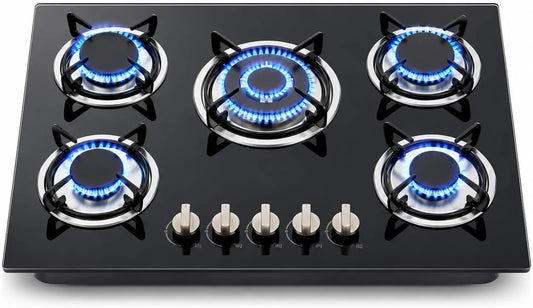 Cocina de gas Chensyo de 5 fuegos, de cristal, empotrada, con protección automática de fallo de llama, placa de gas natural y gas propano, negro
