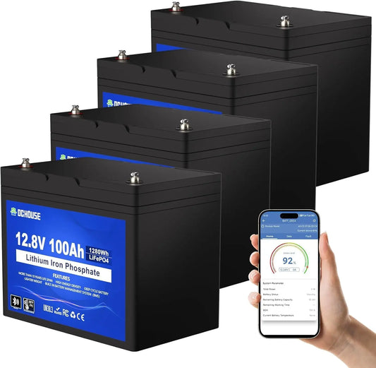 Batería de litio DC HOUSE DCHOUSE Pack de 4 baterías LiFePO4 12V 100Ah con Bluetooth protección a Bajas temperaturas batería Grupo 31 de Ciclo, negro