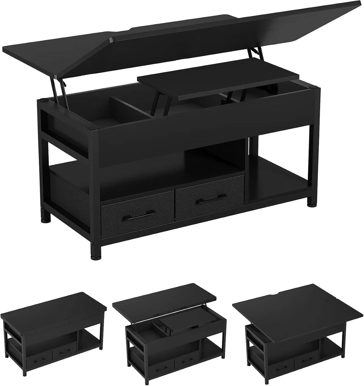Mesa de centro KIMENICH de Altura Ajustable, 3 en 1, Multifunción, Mesa de Salón, Mesas de Café con 2 Cajones, Almacenamiento Oculto, negro