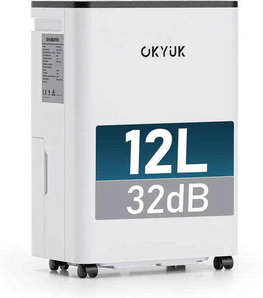Deshumidificador OKYUK 12L con Indicador Digital de Humedad,Deshumificadores de humedad Deshumidificador para Hogar hasta 40m² con Apagado, blanco