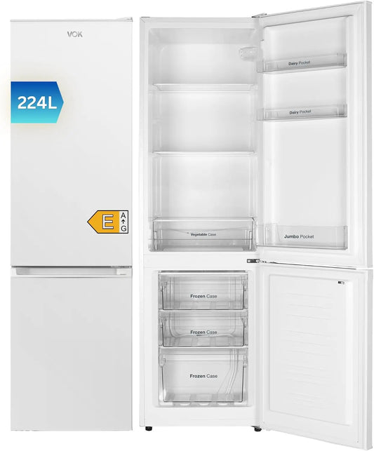 Frigorífico VOK Combi EVR-224DEW 224L, 170 cm Alto x 54.5 cm Ancho, Puerta Reversible, Bajo Nivel Sonoro 39 dB, Clase E, Cajón Verdulero, Blanco