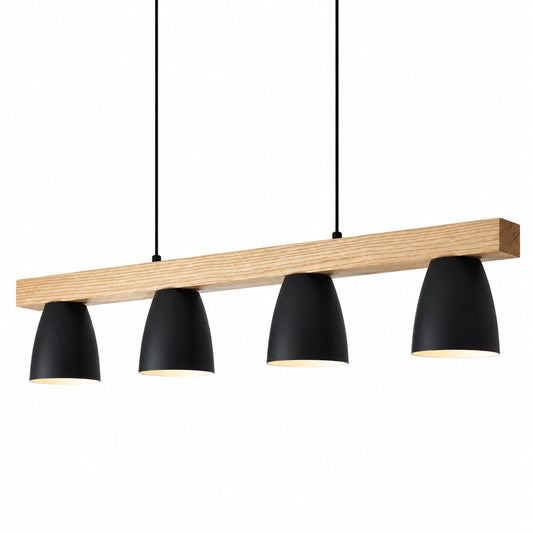 Lampadario a Sospensione in Legno Moderno con 4 Luci E27, Design Vintage e Paralume in Metallo per Cucina e Soggiorno
