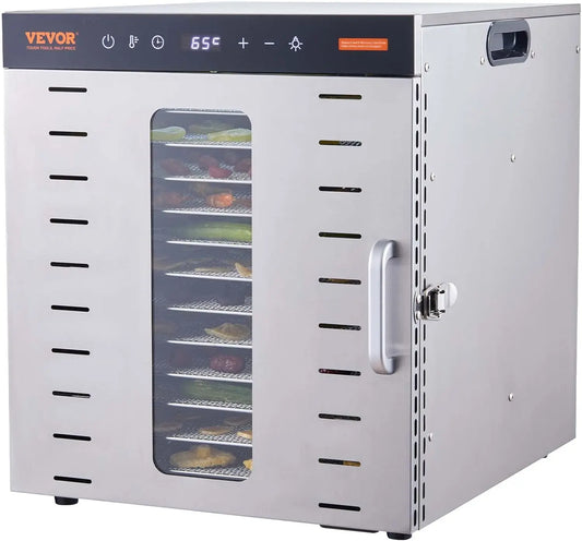VEVOR Máquina Deshidratadora de Alimentos 10 Bandejas de Acero Inoxidable 1000 W Deshidratador Eléctrico de Frutas y Verduras Temperatura, plata