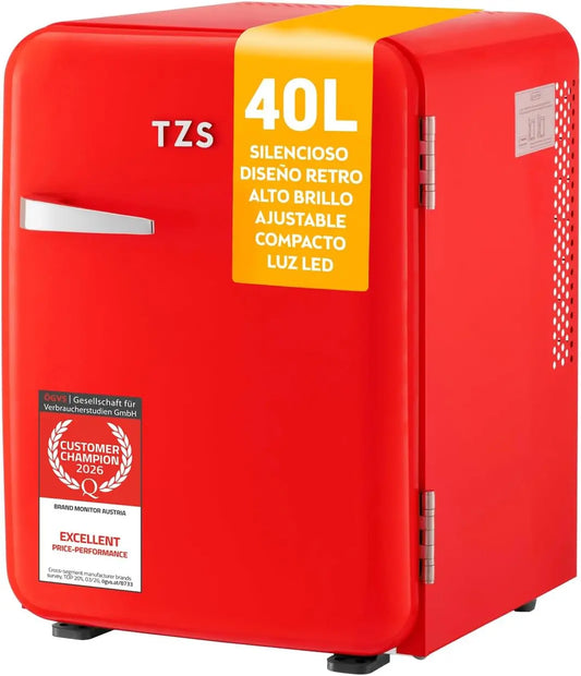 Frigorífico TZS First Austria Mini Frigorífico Retro 40L silencioso - Pequeño Minifrigo diseño vintage con luz interior y 2 compartimentos, rojo
