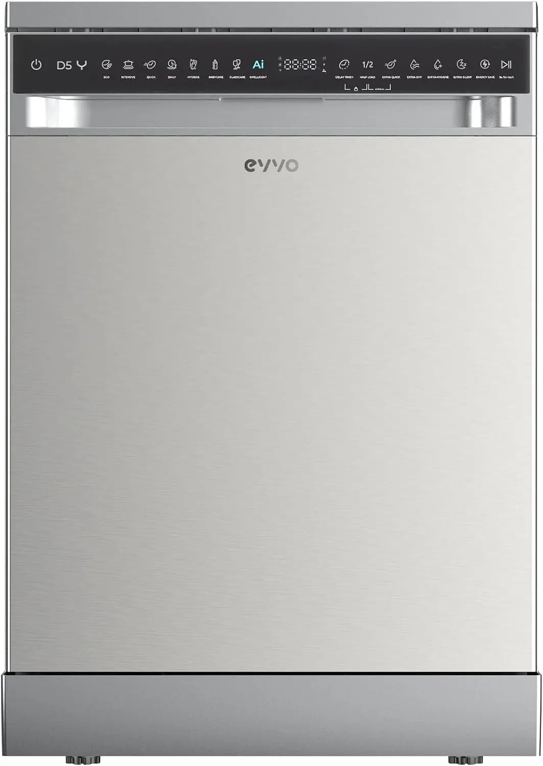 Lavavajillas EVVO EVVO D5Y, 16 cubiertos, Clase B, 45 dB ultra silencioso, 8 programas (Extra Silent, Extra Hygiene, Turbo), Inicio diferido, plata
