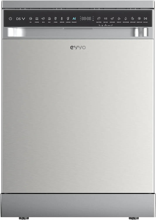 Lavavajillas EVVO EVVO D5Y, 16 cubiertos, Clase B, 45 dB ultra silencioso, 8 programas (Extra Silent, Extra Hygiene, Turbo), Inicio diferido, plata