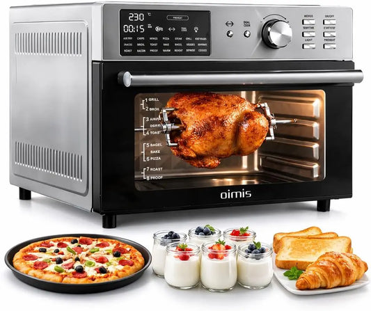 Horno OIMIS Freidora de Aire Caliente,Gris XXL Freidoras de Aire Multifunción sin Aceite,21 Pre Programas，30°-230°,1800W,Recetas, 7 Accesorios, plata