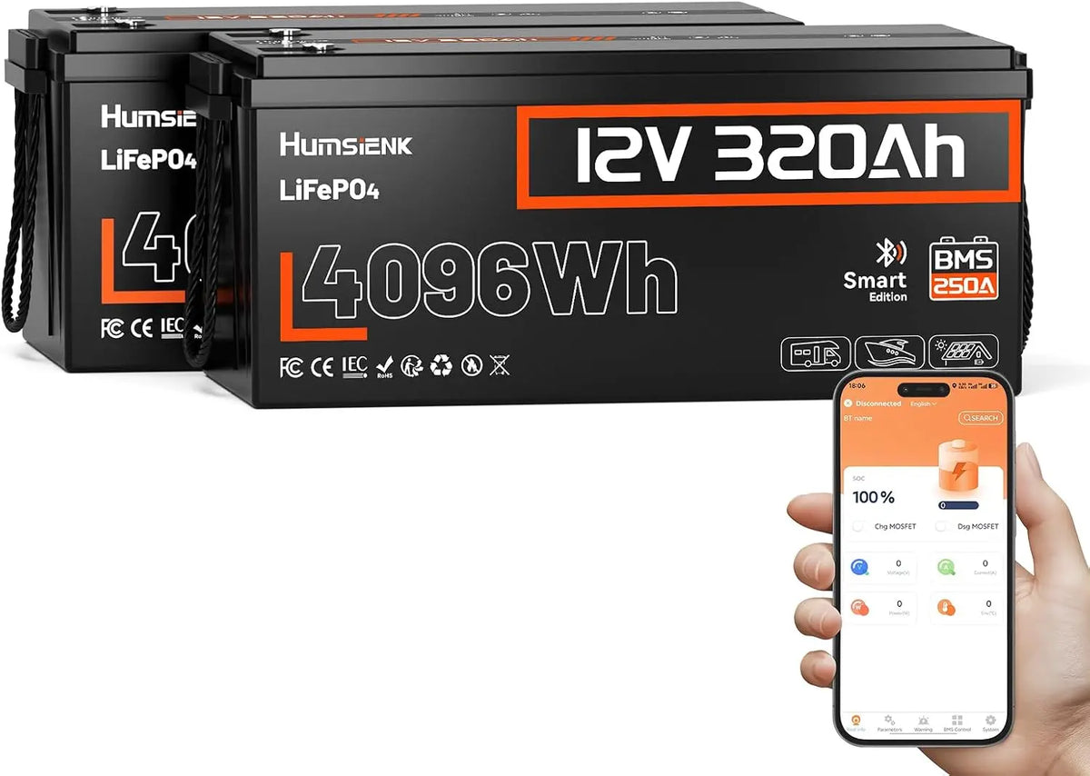 Batería de litio HumsiENK 2 Pcs Batería Litio LiFePO4 12V 320Ah con Bluetooth, negro