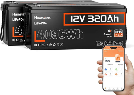 Batería de litio HumsiENK 2 Pcs Batería Litio LiFePO4 12V 320Ah con Bluetooth, negro