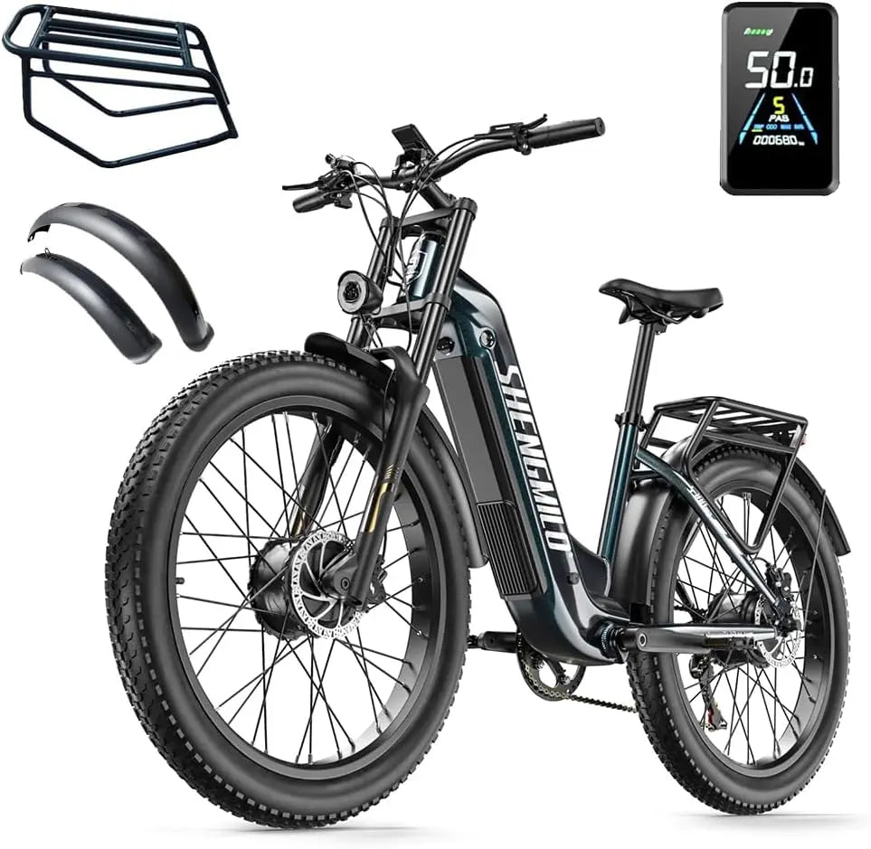 Bicicleta eléctrica Shengmilo S700 26 × 3,0 pulgadas, bicicleta eléctrica con dos motores, alcance máximo 70 km, negro