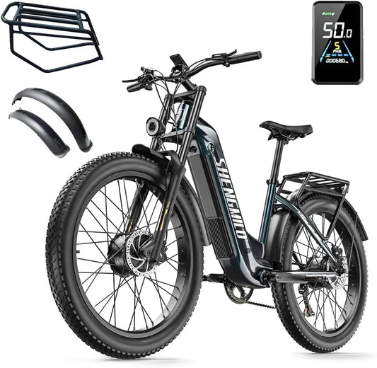 Bicicleta eléctrica Shengmilo S700 26 × 3,0 pulgadas, bicicleta eléctrica con dos motores, alcance máximo 70 km, negro