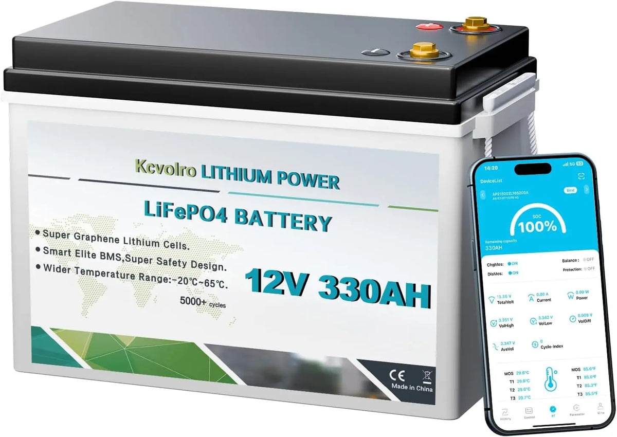 Batería de litio kcvolro 12V 330Ah Batería de Litio LiFePO4, Supervisión APP, 200 BMS, rojo