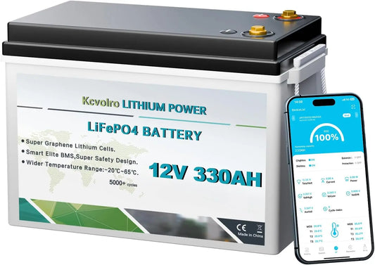 Batería de litio kcvolro 12V 330Ah Batería de Litio LiFePO4, Supervisión APP, 200 BMS, rojo