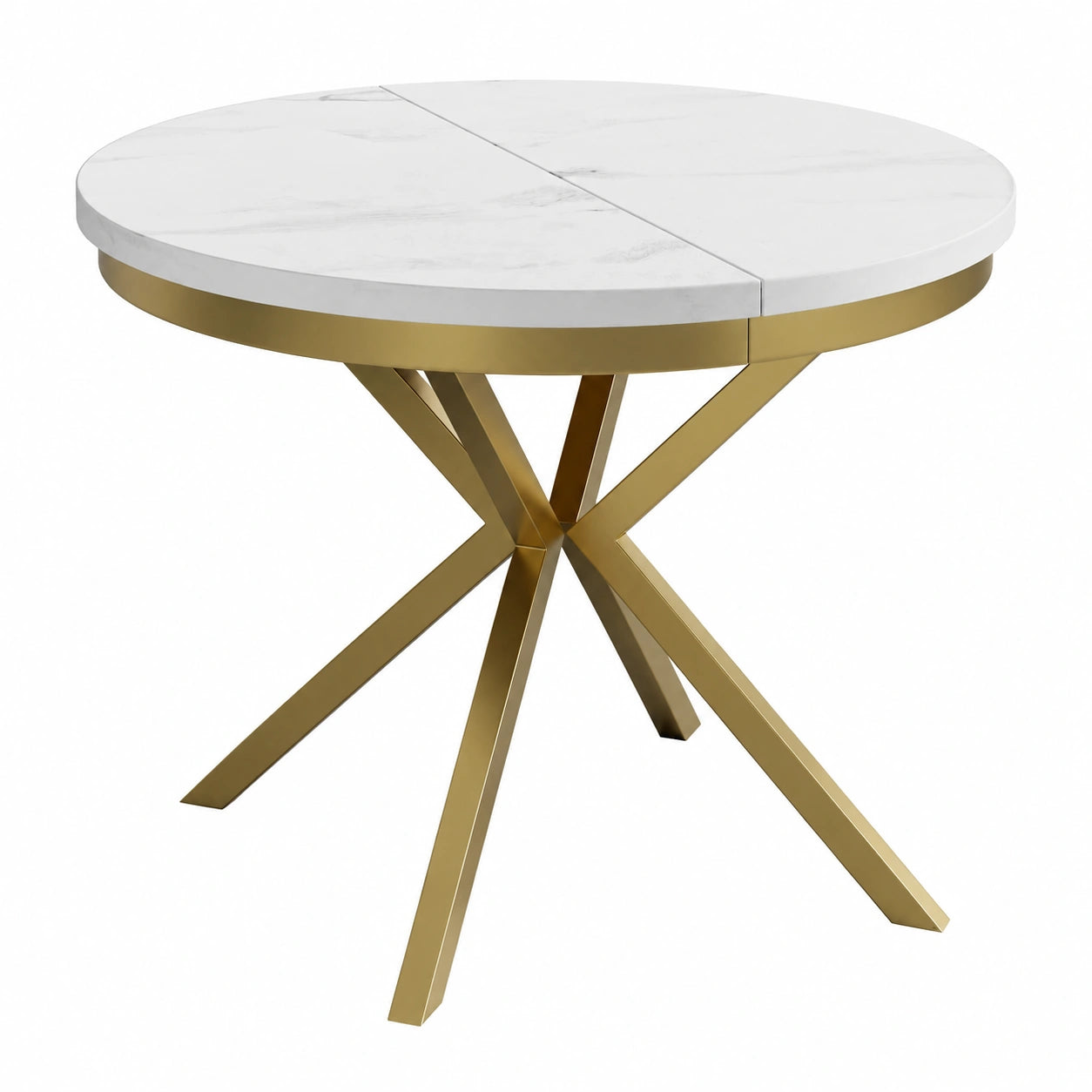 Tavolo Rotondo Allungabile 90-170 cm in Marmo con Gambe in Metallo Oro