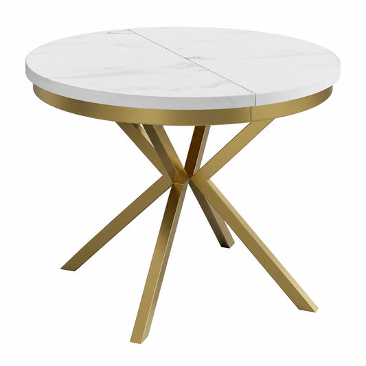 Tavolo Rotondo Allungabile 90-170 cm in Marmo con Gambe in Metallo Oro