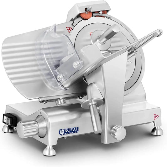 Cortafiambres Royal Catering Cortador De Fiambres Para Carnicería RCAM-250EXPERT (Cuchilla: Ø 250 mm, Corte hasta 12 mm, 180 W, Con afilador), gris