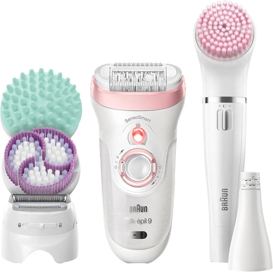 Depiladora Braun Silk-épil 9 Kit Depiladora Eléctrica Mujer, 9-995 Deluxe 9 en 1, Depilación inalámbrica en seco y húmedo, Depiladora, blanco/rosa