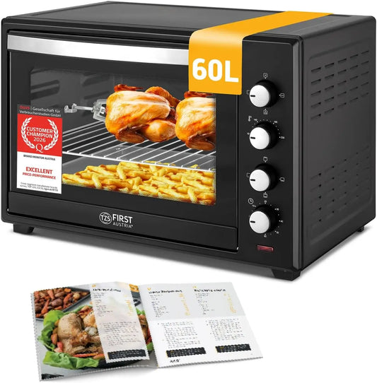 Asador giratorio TZS First Austria Mini Horno 60L 2000W - Minihorno espacioso para pizza con temperatura hasta 230°C y 6 modos, negro
