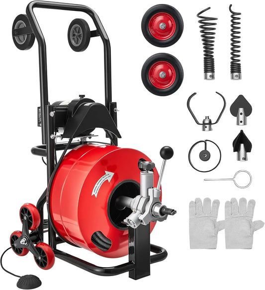 VEVOR Máquina de Limpieza de Desagües 30 m x 19 mm, Máquina de Limpieza de Tuberías con Alimentación Automática y Ruedas Combinadas, rojo