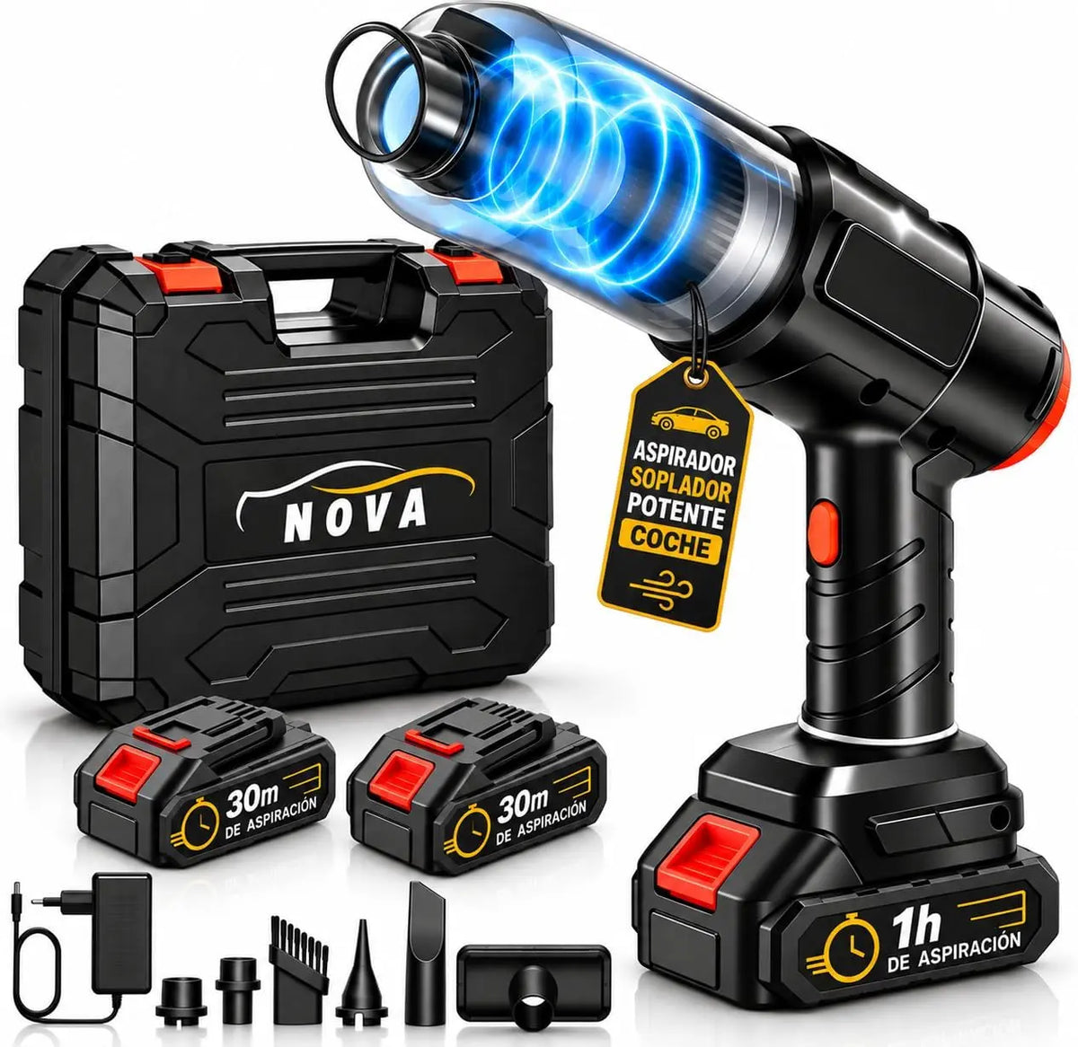 Soplador LÍNEA NOVA Nova - aspiradora Coche Potente 30m de Duracion por Bateria, de Aire Potente y aspiradora de Mano con 19000PA 7 en 1, negro