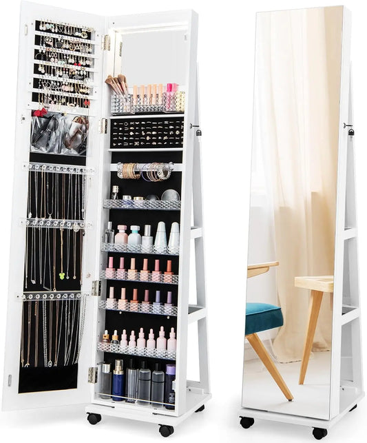 Armario COSTWAY para Joyas, Espejo Joyero de Pie Con Cerradura, Organizador De Joyas Con Espejo de Maquillaje Incorporado, blanco