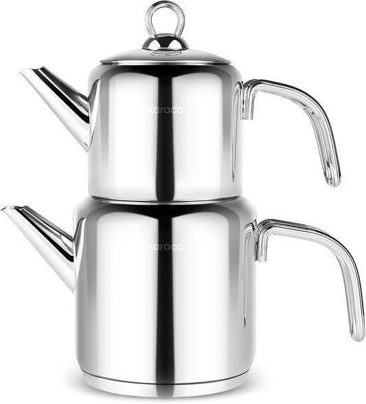 KARACA New Mani - Tetera de acero inoxidable con tapa, tetera de 1 litro y tanque de agua de 2 litros, color plateado