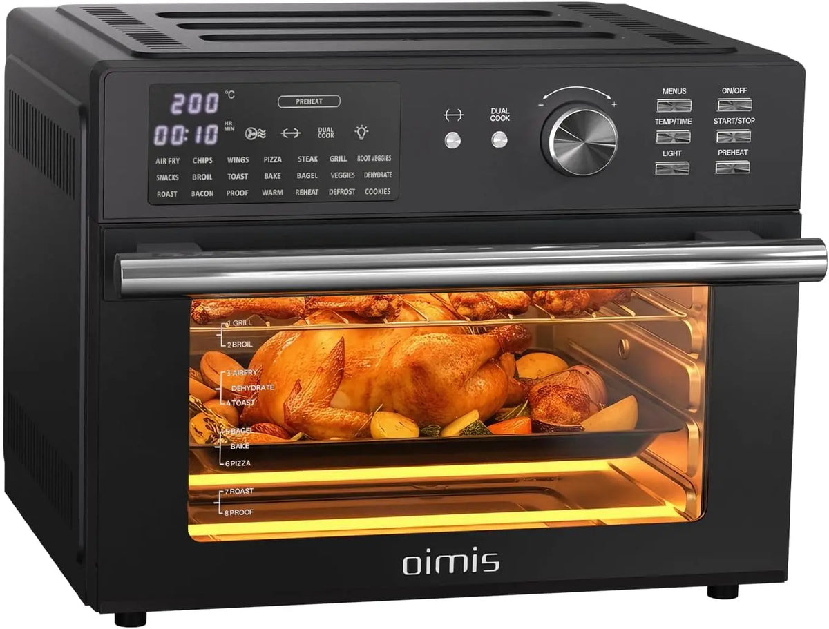 Horno OIMIS Freidora de Aire Caliente,Gris XXL Freidoras de Aire Multifunción sin Aceite,21 Pre Programas，30°-230°,1800W,Recetas, 7 Accesorios, negro