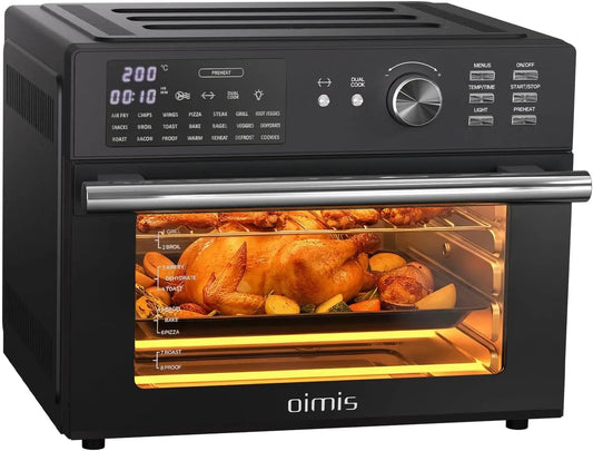 Horno OIMIS Freidora de Aire Caliente,Gris XXL Freidoras de Aire Multifunción sin Aceite,21 Pre Programas，30°-230°,1800W,Recetas, 7 Accesorios, negro