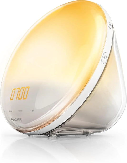 Philips HF3519/01 Despertador de luz con simulación del amanecer, Radio FM y lámpara de lectura, 5 sonidos naturales, Alarma diferida, Blanco