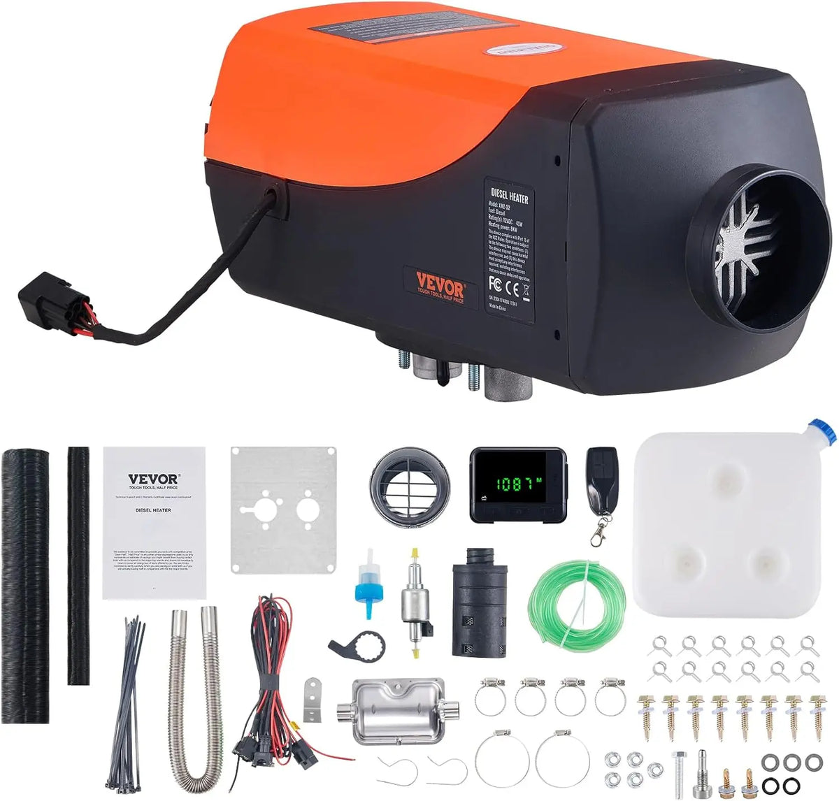 Calefactor diésel VEVOR Calentador de Aire Diesel 12V 8KW Consumo 0,16-0,62 L/h Calefacción Estacionaria 8-36°C Ajustable 20-25m² Control LCD, blanco