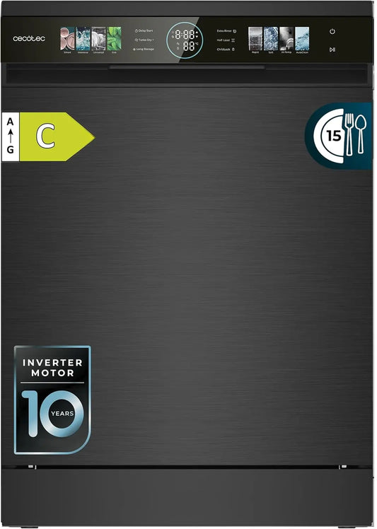 Lavavajillas Cecotec Compacto de 60cm Bolero Aguazero 6620 Dark C, 1850W, 15 Cubiertos, 8 Programas, Motor Inverter, Pantalla FullColor XXL, negro