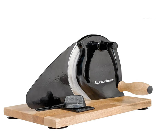Zassenhaus Cortador de pan manual Classic, color negro, hoja de acero Solinger, grosor de corte: 1-18 mm, tabla y manivela de madera de haya, negro