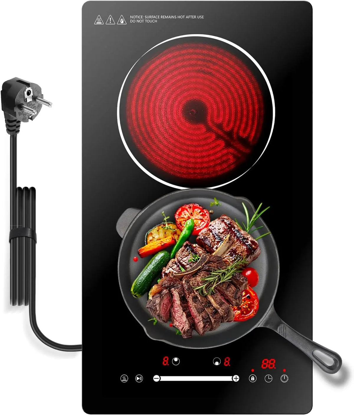 Placa de cocina Gveyajo Placa Vitrocerámica 2 Fuegos 3000W, Empotrable y Portátil, Control Sliding, negro
