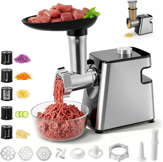 Picadora de carne Haedswer eléctrica 2800W, 5 en 1: cortador verduras, rallador queso, gris