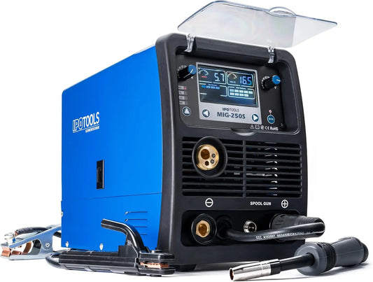 Soldador IPOTOOLS MIG-250S - Estación de soldadura MIG MAG Synergy - Sinergia estación de soldadura MIG con 250A 230V IGBT, azul