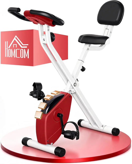 Bicicleta estática HOMCOM Plegable con Respaldo, Bici Estática con 8 Niveles de Resistencia Magnética, Volante, Pantalla LCD, Pulsómetro, rojo
