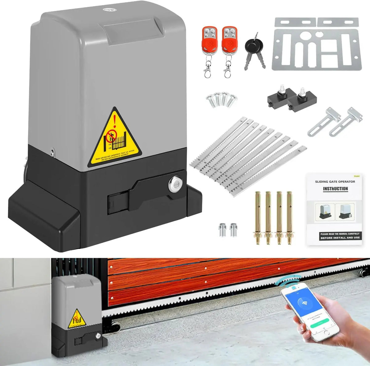 Puerta Hebitod Motor Puerta Corredera 550W 1200KG Motor para Puerta Corredera Smart WiFi Accionamiento Eléctrico De Puerta con 4M Cremallera, gris