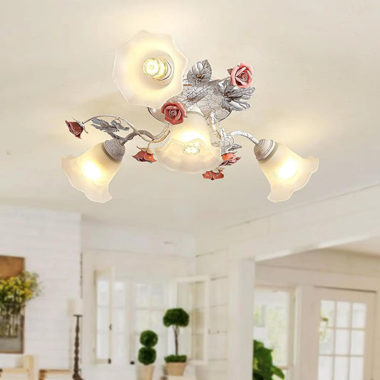 Lámpara de techo meibeileil Lampara Techo Florales Vintage,Lampara De Techo Dormitorio Con Pantalla De Vidrio Y Rosas De CeráMica Rosa,E27