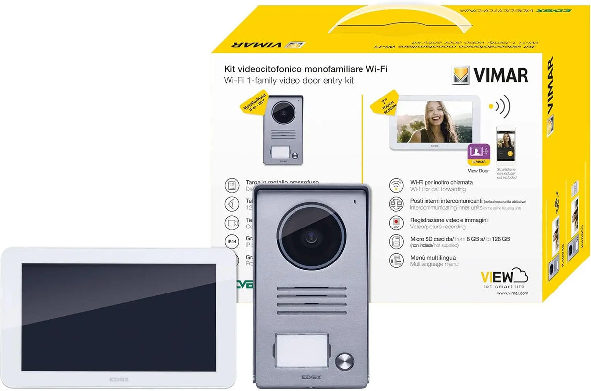 Videoportero Vimar K40945 Kit videoportero contenido: videoportero Wi-Fi LCD 7in pantalla táctil, placa de entrada audio/vídeo de 1 botón, blanco