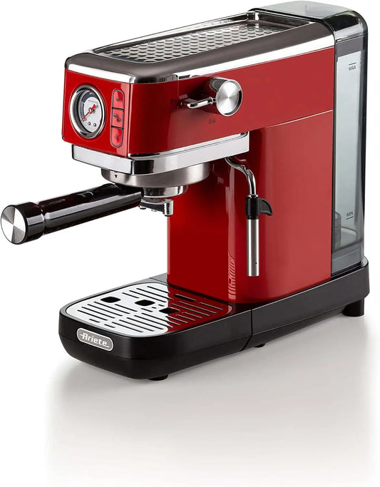 Cafetera Ariete Espresso Slim Metal 1381, cafetera con manómetro, compatible con café en polvo y monodosis ESE, 15 bares máximos, rojo