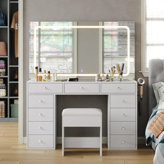 Tocador Yanosaku de Maquillaje con Espejo LED Grande, 11 Cajones, Mesa de Cristal y Tomas de Corriente, blanco