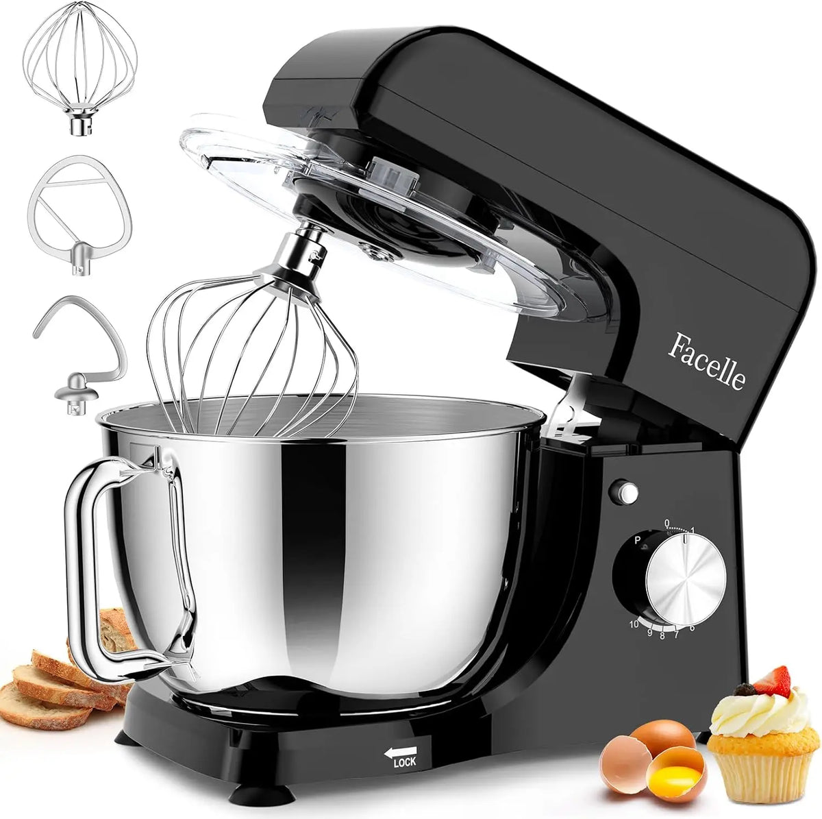 Batidora Facelle Amasadora 1500W, Bol de Acero Inoxidable 5,5L, 10 Velocidades, negro