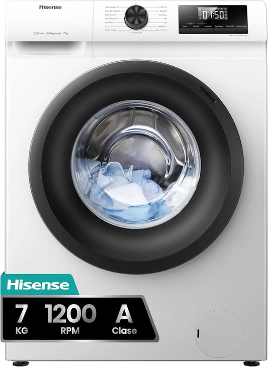 Lavadora Hisense WFQP701219VM,, Libre Inst., 7Kg, 1200rpm, Fondo 45cm, negro