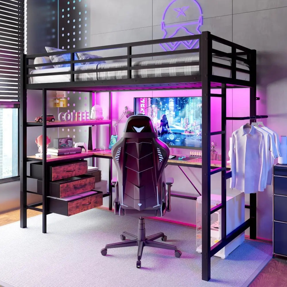 Colchón Wyibwy Cama Alta 90x200 cm con iluminación LED, Enchufe + USB, litera Individual de Metal 90x200 con Escritorio y 3 cajones, negro